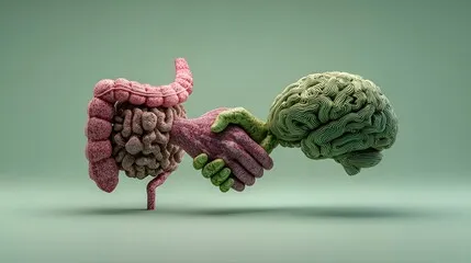 Représentation d'un intestin et d'un cerveau se serrant la main, illustrant l'axe intestin-cerveau.