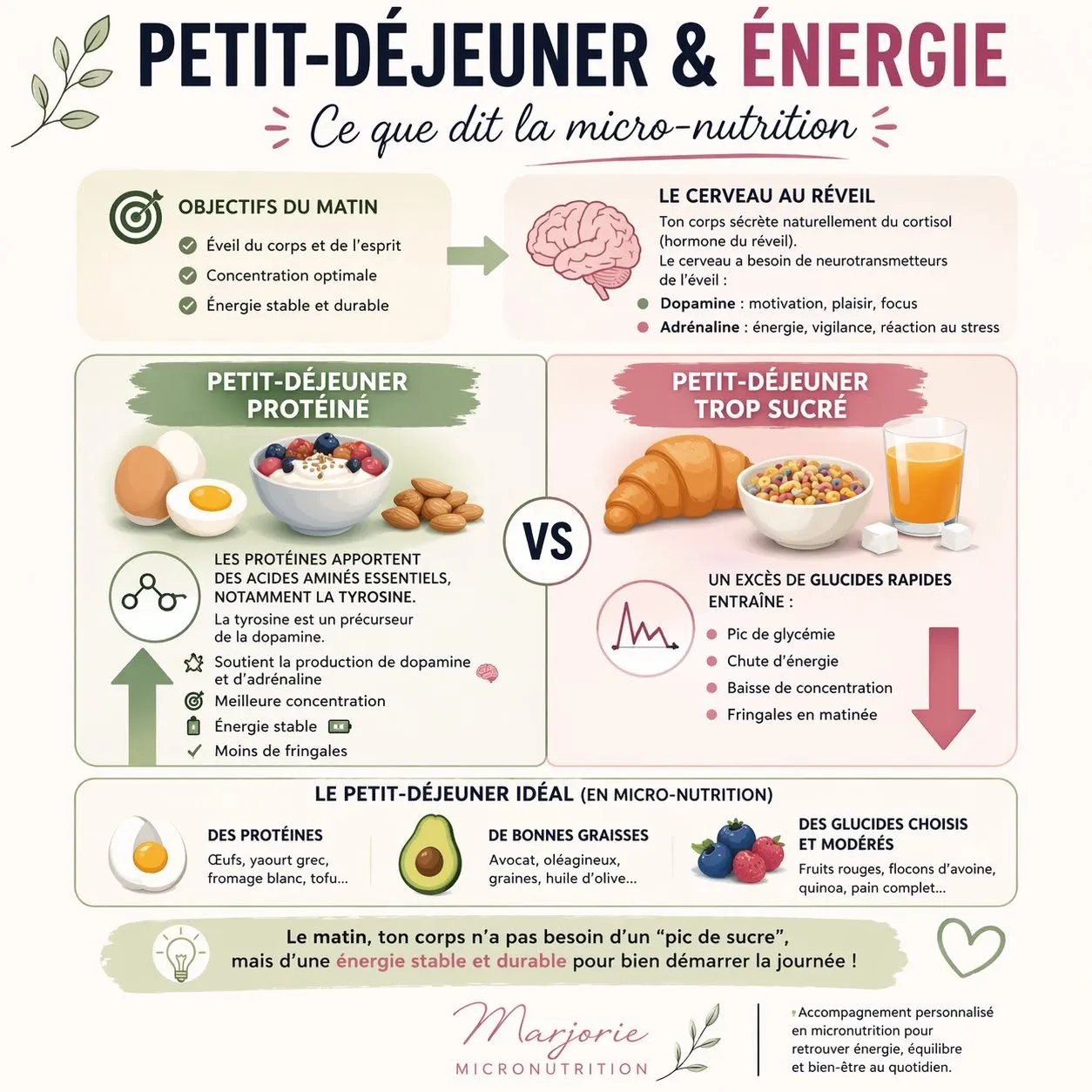 Infographie Marjorie Micronutrition : petit-déjeuner et énergie, ce que dit la micro-nutrition.